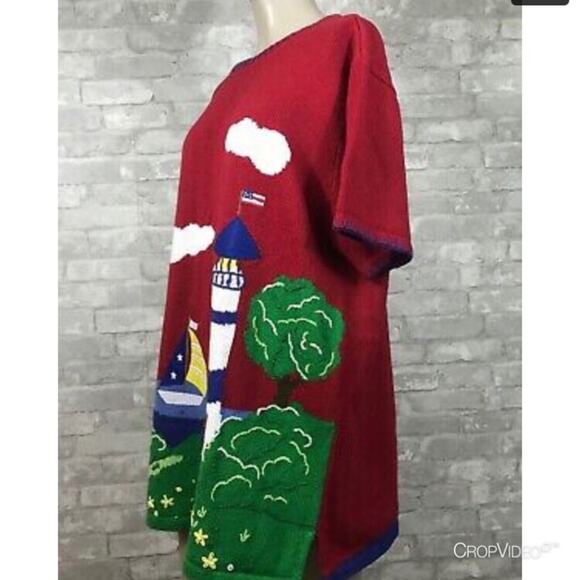 Quacker Factory Lighthouse Red Knit Sweater Sailboat Short Sleeve Women Medium - Picture 3 of 16